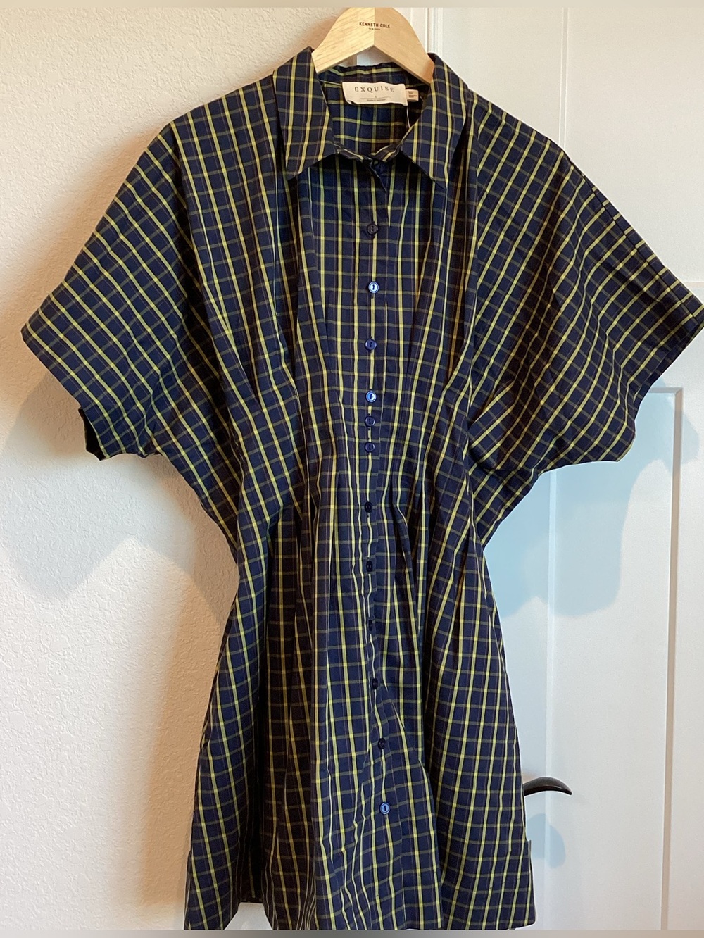 Exquise Tobie Collared Button-Down Mini Shirt Dress Anthropologie Navy Plaid NEW - Picture 8 of 15